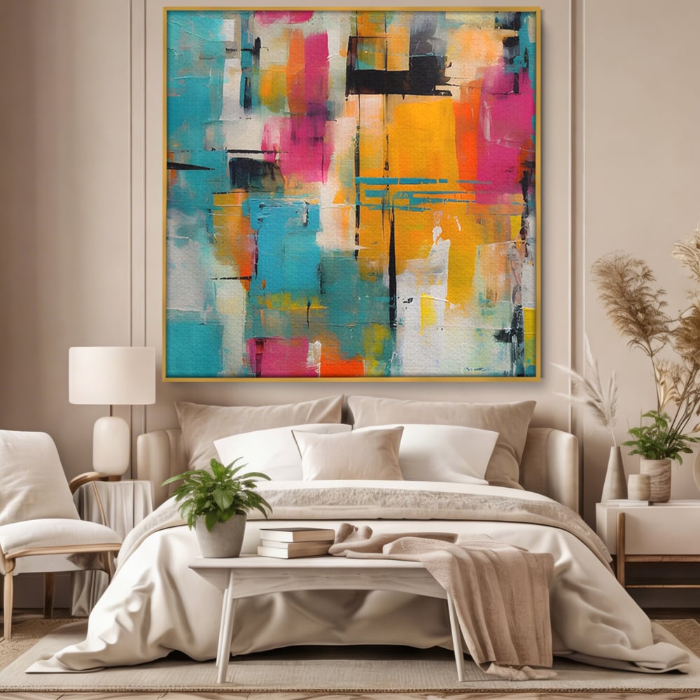 Tablou canvas cu pictura abstracta cu pete de culoare, in rama de aluminiu auriu, pe perete intr-un dormitor